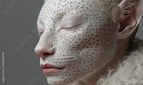 Human with feline features, closed eyes, serene expression.