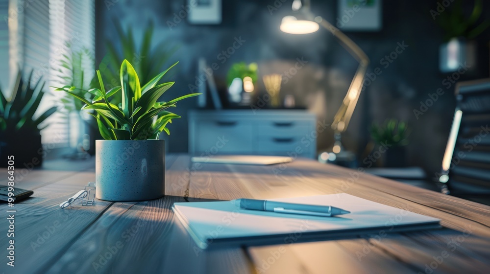 Office Desk with Plant and Pen Office Desk with Plant and Pen