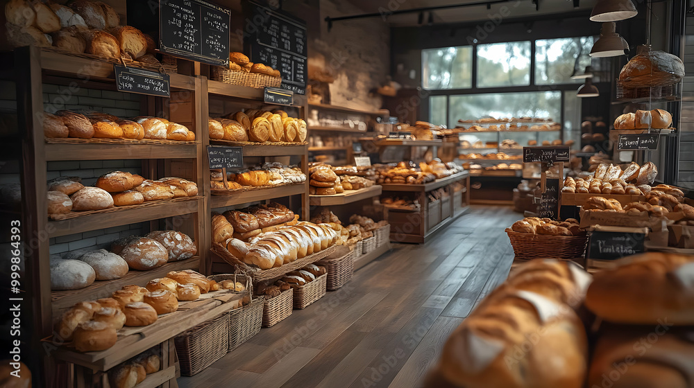 Freshly Baked Bread Displayed in a Rustic Bakery Freshly Baked Bread Displayed in a Rustic Bakery