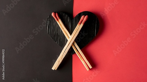 Two matchsticks crossed to make a heart filter on red black and pink background and sticks woodend sticks