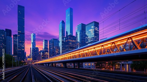 City skyline at sunset with vibrant colors and train tracks in the foreground.