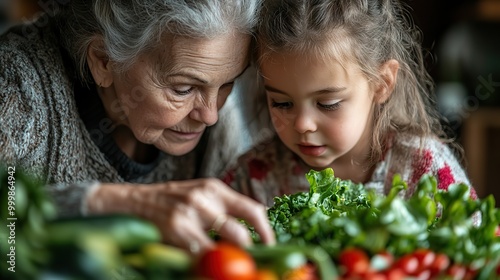 a portrait of small girl with grandmother at home preparing vegetable salad