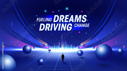 Fueling Dreams, Driving Change: A Cutting-Edge Futuristic Background with 3D Elements and Dynamic Lines for High-End Technology Events