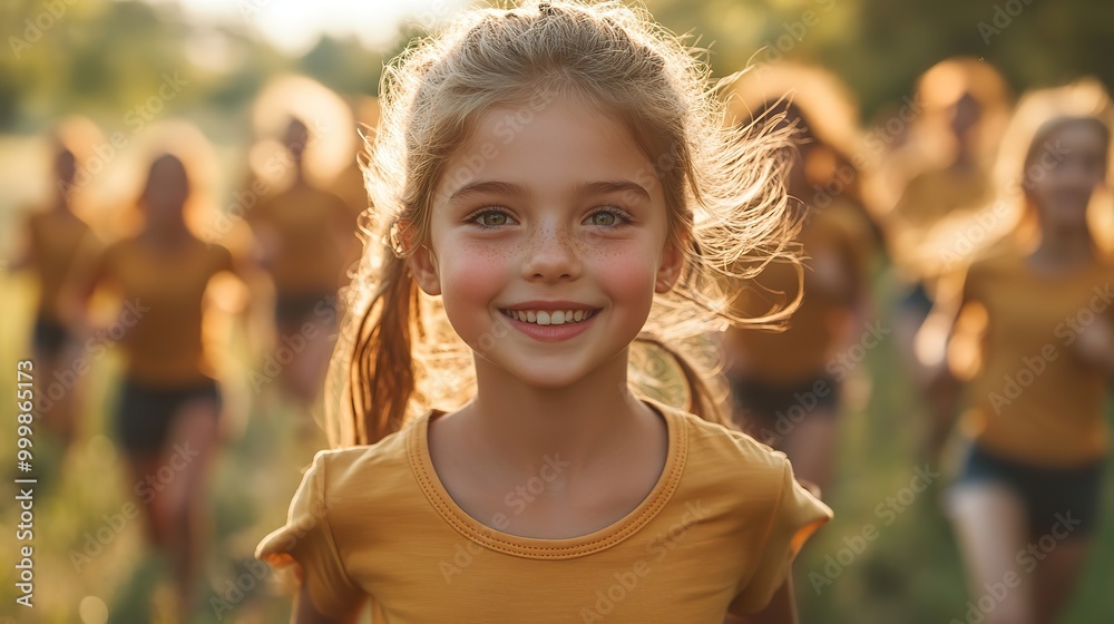 a portrait of small girl with large group of people running in nature a portrait of small girl with large group of people running in nature
