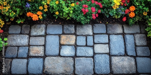 A stone path bordered by vibrant blooms, a symphony of colors against the backdrop of a tranquil garden. photo