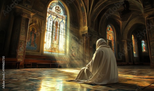 Solitary Prayer in Sunlit Cathedral