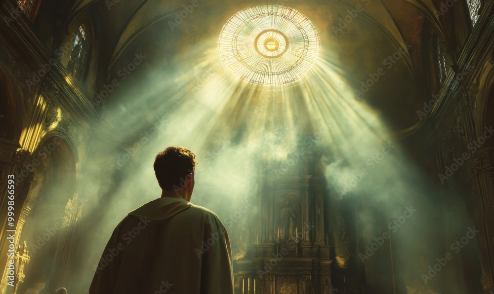 Fototapeta premium Man in Cathedral with Sunlight Rays from Circular Window