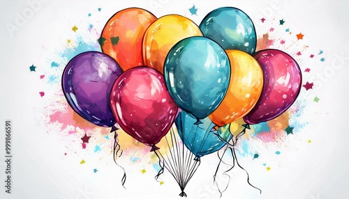 Bunte Luftballons schweben vor ein weiße Hintergrund.  