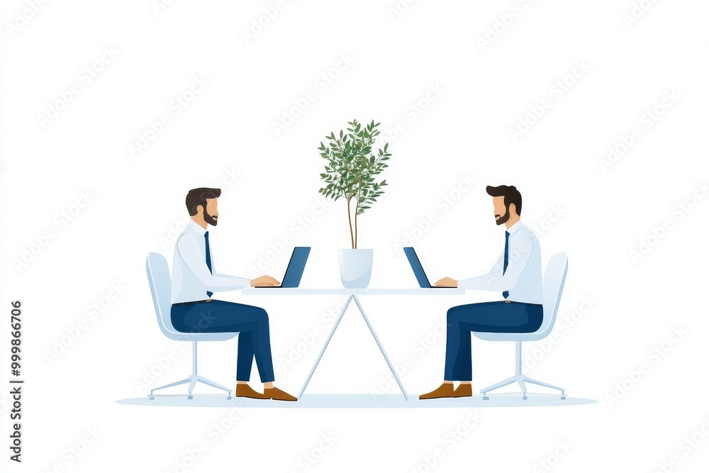 Two businessmen working on laptops across a stylish table with a potted plant, symbolizing collaboration and productivity. flat design illustration Two businessmen working on laptops across a stylish table with a potted plant, symbolizing collaboration and productivity. flat design illustration