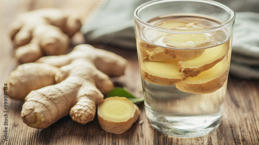 A refreshing display of ginger water featuring slices of fresh ginger. The transparent glass showcases the infusion of ginger in the water, highlighting its light amber hue. A refreshing display of ginger water featuring slices of fresh ginger. The transparent glass showcases the infusion of ginger in the water, highlighting its light amber hue.