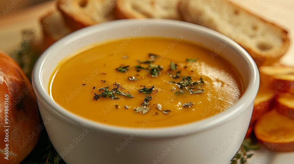 A cozy presentation of pumpkin soup accompanied by a slice of garlic bread. A cozy presentation of pumpkin soup accompanied by a slice of garlic bread.