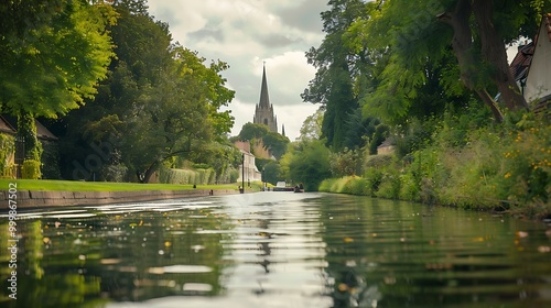 View along the chichester canal with cathedral in distance from a narrowboat on the wate