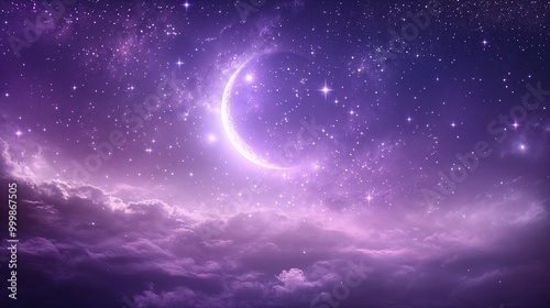 Purple starry night sky with crescent moon, fantasy cosmic landscape