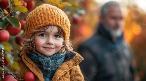 a small boy with father and grandfather walking in apple orchard in autumn