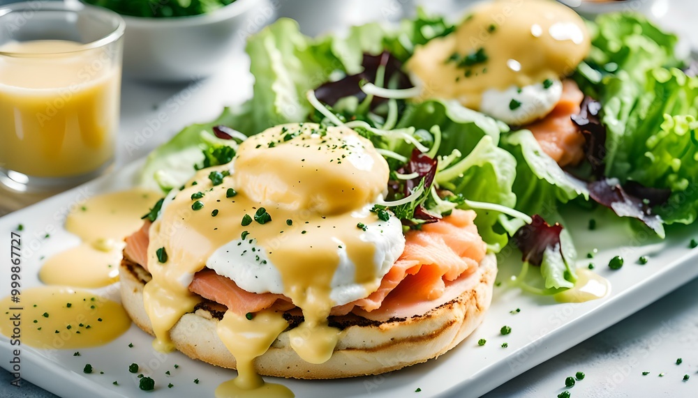 Eggs Benedict on english muffin with smoked salmon, lettuce salad mix and hollandaise sauce on white board
Eggs Benedict on english muffin with smoked salmon, lettuce salad mix and hollandaise sauce on white board