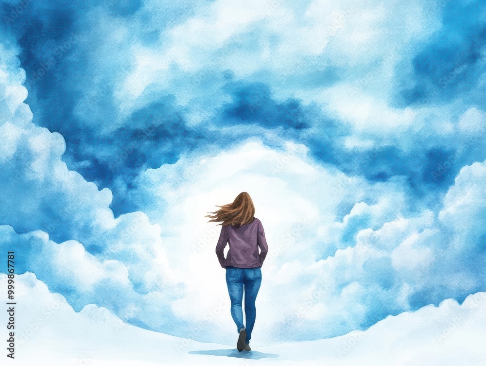 A person walking towards bright clouds, symbolizing hope and new beginnings in a serene landscape. A person walking towards bright clouds, symbolizing hope and new beginnings in a serene landscape.