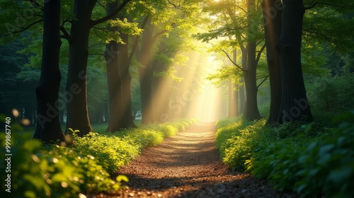 Serene Forest Path Illuminated by Gentle Light, Symbolizing Personal Growth and Mindfulness