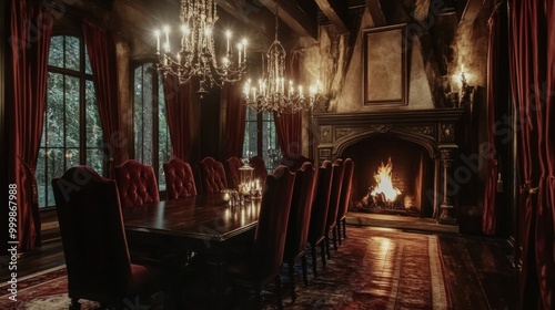 Gothic dining room with dark wood table and velvet chairs, illuminated by wrought iron chandelier and massive fireplace, enveloped in rich burgundy draperies. Atmospheric low-light ambiance.