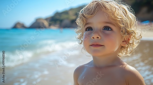 a small toddler boy standing on beach on summer holiday having fun