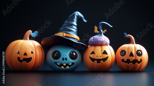 Cute Halloween Characters with Pumpkins and Spooky Autumn Decorations