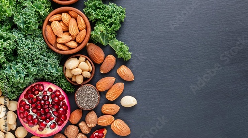 A flat lay featuring a diverse range of superfoods like pomegranate, almonds, and kale, arranged in geometric patterns on a slate background