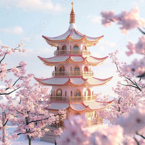 A 3D illustration of a traditional pagoda, intricately decorated for the New Year, surrounded by cherry blossoms, creating a serene festive atmosphere