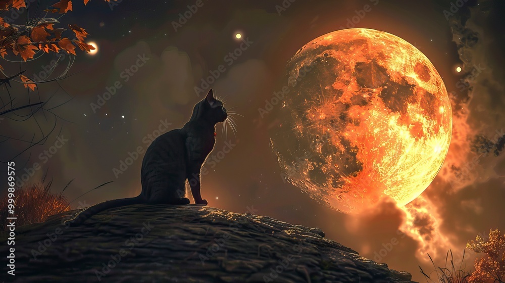 Halloween background with a cat and a full moon, Halloween elements, Happy Halloween Halloween background with a cat and a full moon, Halloween elements, Happy Halloween