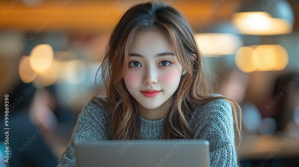 a young female student sitting at the table using laptop when studying a young female student sitting at the table using laptop when studying