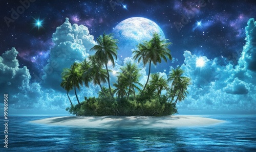 Tropical Island Under Full Moon and Starry Night Sky