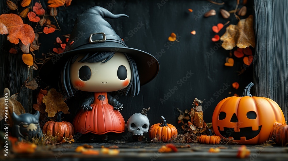 Cute Halloween Characters with Pumpkins and Spooky Autumn Decorations Cute Halloween Characters with Pumpkins and Spooky Autumn Decorations