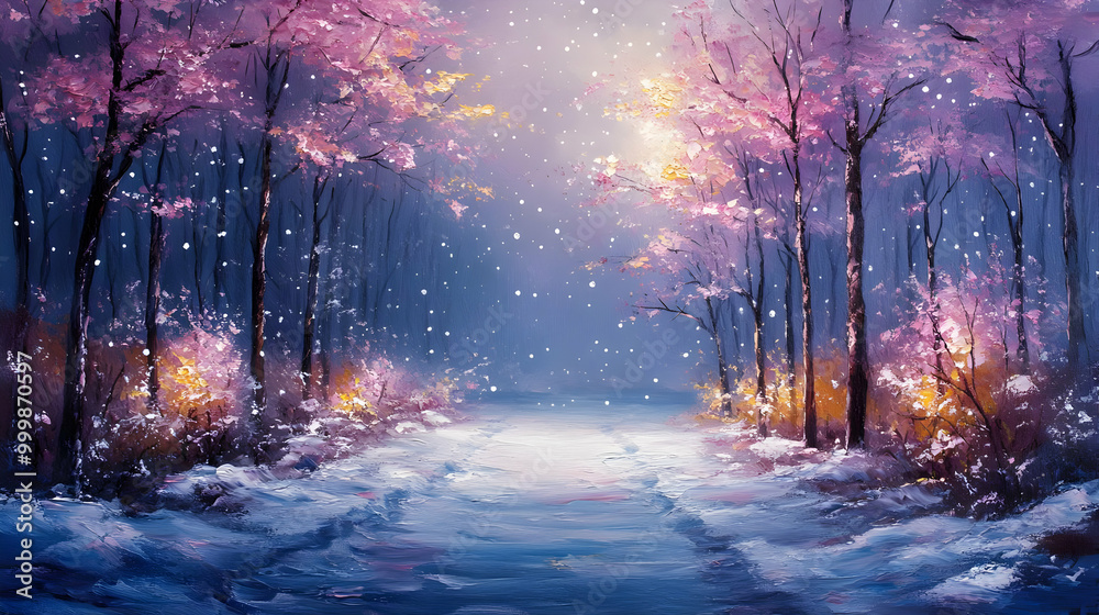Snowy Forest Path with Pink Trees and Blue Sky Snowy Forest Path with Pink Trees and Blue Sky