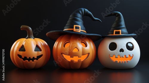 Cute Halloween Characters with Pumpkins and Spooky Autumn Decorations