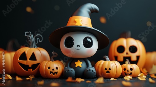 Cute Halloween Characters with Pumpkins and Spooky Autumn Decorations