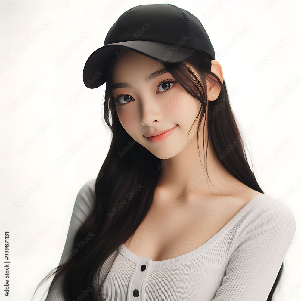 Young Woman in Black Cap with Beautiful Smile Young Woman in Black Cap with Beautiful Smile