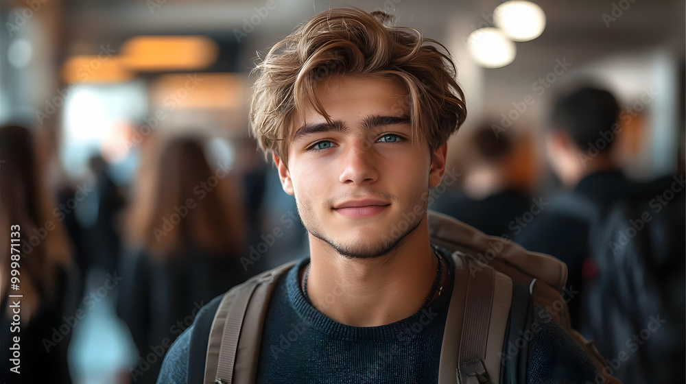 Fototapeta premium Handsome Young Man with Blue Eyes and Wavy Hair