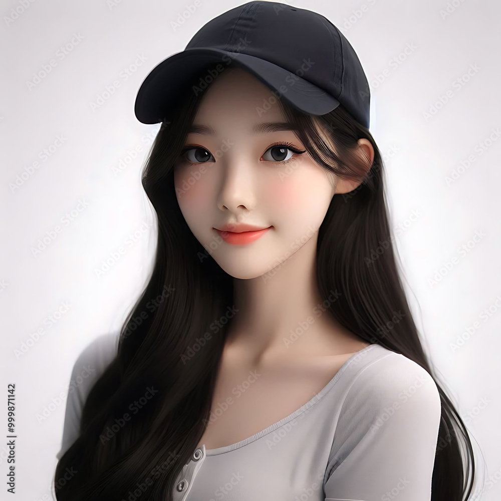 Young Woman with Cap and Long Hair Smiling Young Woman with Cap and Long Hair Smiling