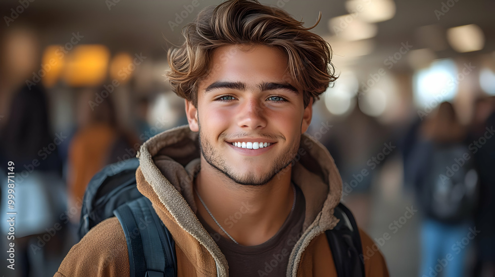 Smiling Young Man with Blonde Hair, Brown Jacket, and Backpack in a Crowd Smiling Young Man with Blonde Hair, Brown Jacket, and Backpack in a Crowd