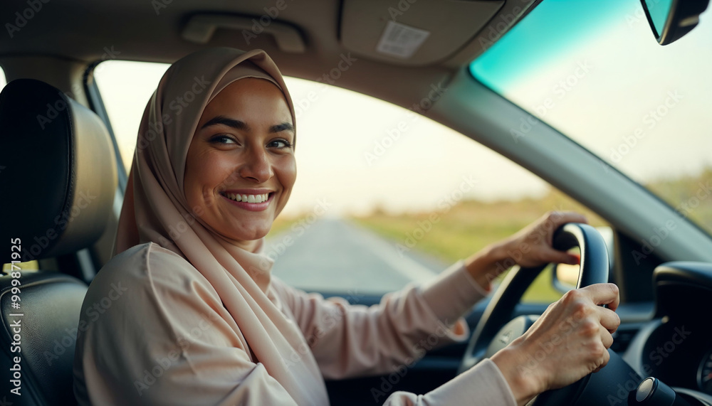 Joyful Islamic lady in hijab driving auto and smiling at camera through window, enjoying road drive with hired vehicle, holding steering wheel, car drive concept, Driving Concept, Travel Concept Joyful Islamic lady in hijab driving auto and smiling at camera through window, enjoying road drive with hired vehicle, holding steering wheel, car drive concept, Driving Concept, Travel Concept