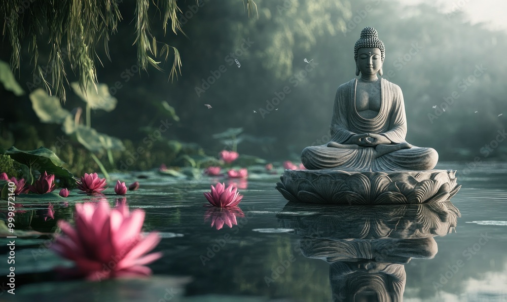 Serene Buddha statue in tranquil pond with pink lotus flowers Serene Buddha statue in tranquil pond with pink lotus flowers