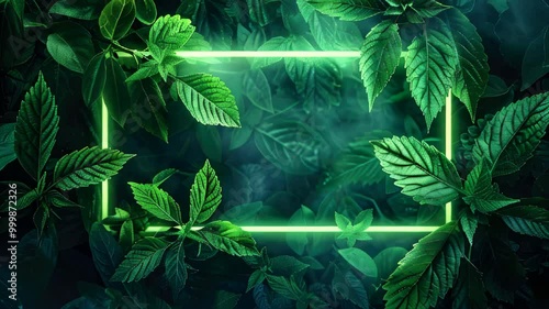 A vibrant display of green foliage illuminated by neon edges in a serene tropical setting