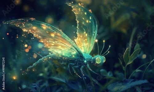 Enchanted Glowing Butterfly in Mystical Forest at Night photo