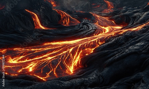 Flowing Molten Lava on Dark Rocky Terrain photo