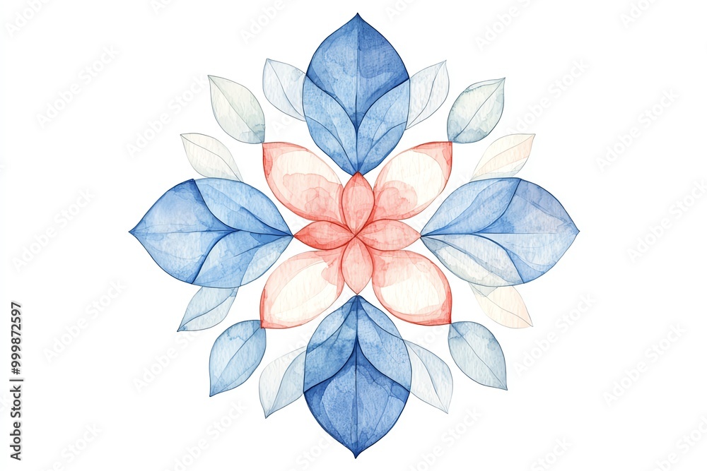 Fototapeta premium Watercolor floral design with blue and red leaves on white background.