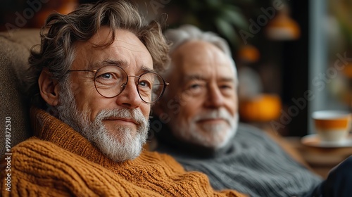 an adult son and senior father sitting on sofa indoors at home drinking tea