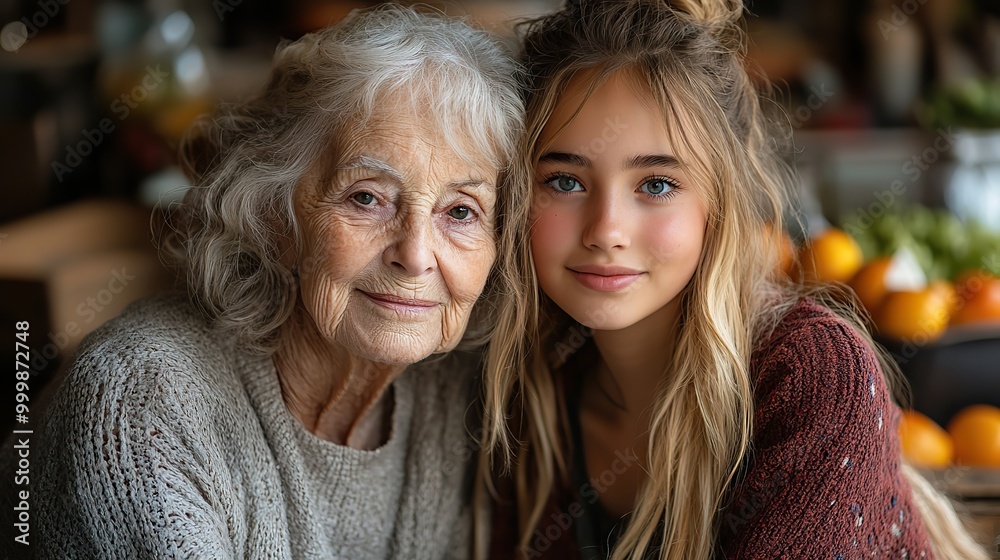 an elderly grandmother with an adult granddaughter sitting at the table at home an elderly grandmother with an adult granddaughter sitting at the table at home