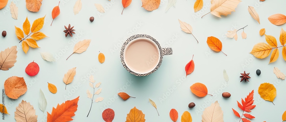 A closeup of a hot drink in a patterned cup, surrounded by a pile of golden leaves and vibrant autumn foliage A closeup of a hot drink in a patterned cup, surrounded by a pile of golden leaves and vibrant autumn foliage