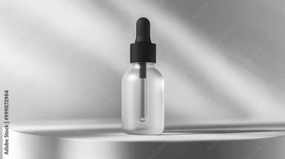 Frosted glass serum bottle with a black dropper cap, focus on its clean lines and shape. No logo. No people. Frosted glass serum bottle with a black dropper cap, focus on its clean lines and shape. No logo. No people.