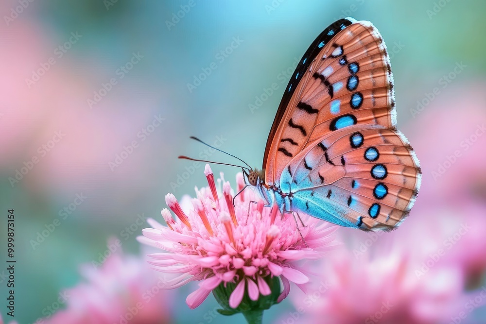 Pink and blue color of beautiful butterfly, sitting on pink flower.generative ai Pink and blue color of beautiful butterfly, sitting on pink flower.generative ai