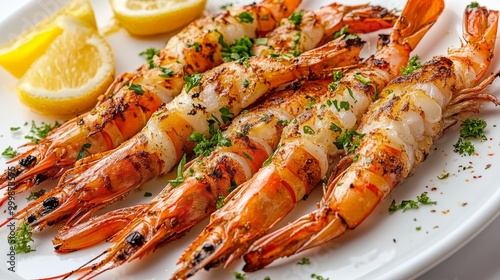 Grilled shrimps on plate on transparent background