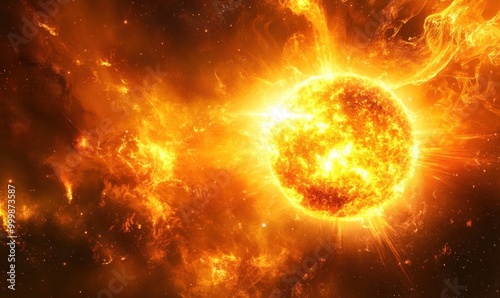 Fiery Sun with Glowing Solar Flares and Plasma